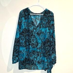 Avenue Blue and Black Relaxed Tie Front Blouse